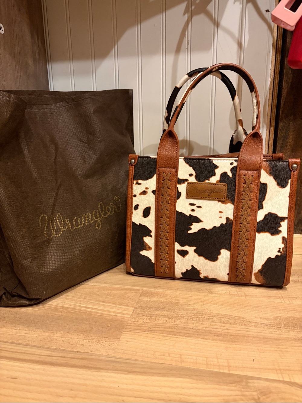 Wrangler Brown and White Cowhide-Print Tote with Tan Trim